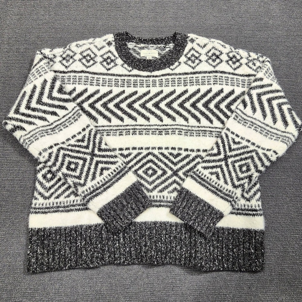 Lucky Brand Sweater Womens Medium Black White Fair Isle Geometric Boho Pullover